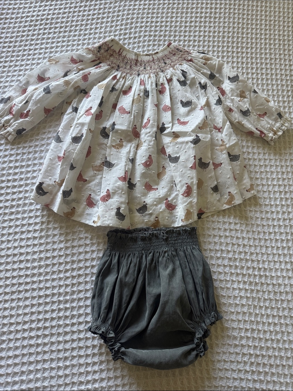 Kids Matching Set - Chicken Print White Top & Charcoal Bloomers Made in Spain